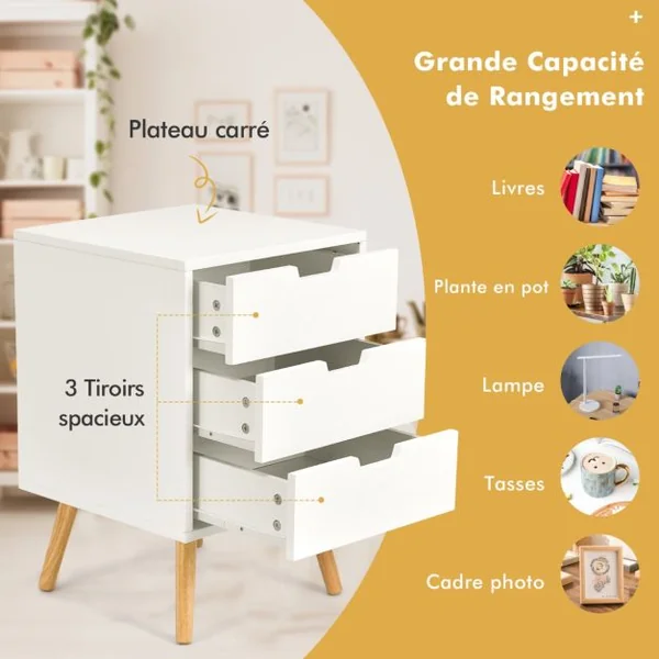 Table de Chevet Scandinave à 3 Tiroirs de Rangement Table de Nuit Capacité 25 Kg en Chêne et Mdf 40x40x60cm Blanc