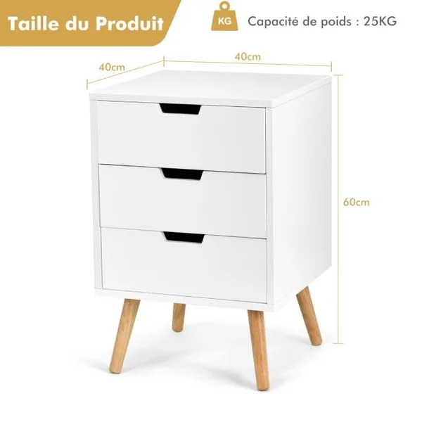 Table de Chevet Scandinave à 3 Tiroirs de Rangement Table de Nuit Capacité 25 Kg en Chêne et Mdf 40x40x60cm Blanc