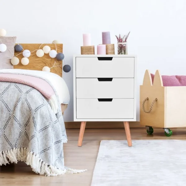 Table de Chevet Scandinave à 3 Tiroirs de Rangement Table de Nuit Capacité 25 Kg en Chêne et Mdf 40x40x60cm Blanc