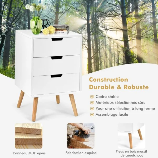 Table de Chevet Scandinave à 3 Tiroirs de Rangement Table de Nuit Capacité 25 Kg en Chêne et Mdf 40x40x60cm Blanc