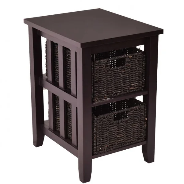 Table de chevet Table de nuit Table d’appoint avec 2 paniers amovibles, en bois de pin, 15 kg max, 51x42x64 cm, Marron