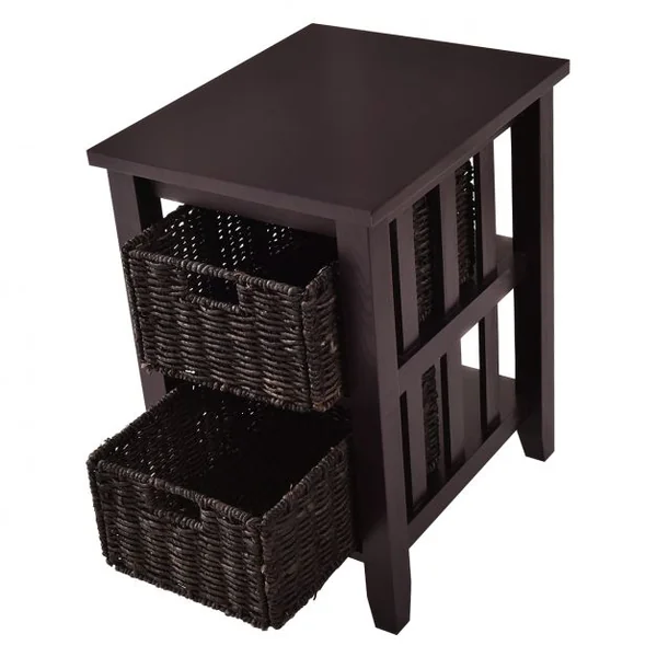 Table de chevet Table de nuit Table d’appoint avec 2 paniers amovibles, en bois de pin, 15 kg max, 51x42x64 cm, Marron