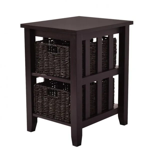Table de chevet Table de nuit Table d’appoint avec 2 paniers amovibles, en bois de pin, 15 kg max, 51x42x64 cm, Marron