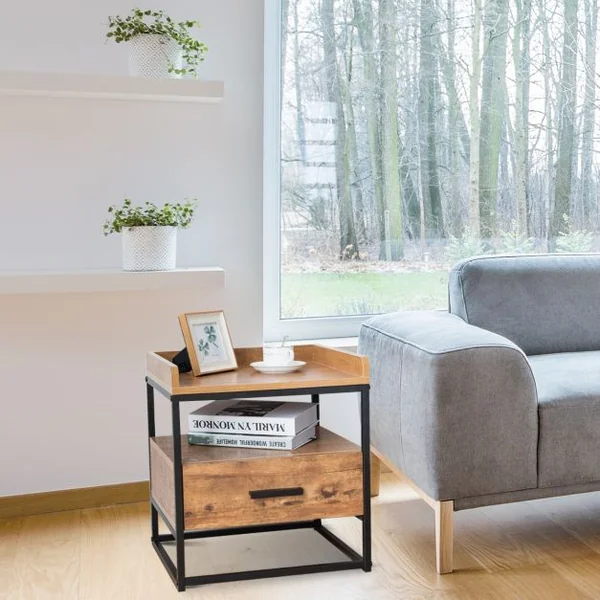 Table de Chevet à 2 Etagères Table D’appoint pour Canapé avec 1 Tiroir de Rangement en Mdf et Fer 45x40x49cm Brun