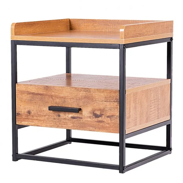 Table de Chevet à 2 Etagères Table D’appoint pour Canapé avec 1 Tiroir de Rangement en Mdf et Fer 45x40x49cm Brun