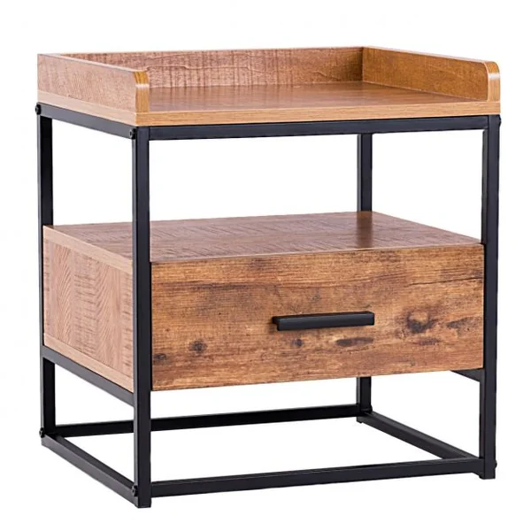Table de Chevet à 2 Etagères Table D’appoint pour Canapé avec 1 Tiroir de Rangement en Mdf et Fer 45x40x49cm Brun