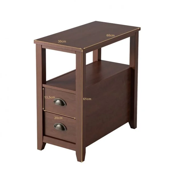 Table de Chevet à 2 Tiroirs et 1 Etagère de Rangement Table de Nuit Capacité 25 Kg en Mdf et Métal 60x30x61cm Marron
