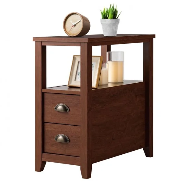 Table de Chevet à 2 Tiroirs et 1 Etagère de Rangement Table de Nuit Capacité 25 Kg en Mdf et Métal 60x30x61cm Marron