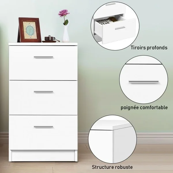 Table de Chevet à 3 Tiroirs de Rangement Caisson de Rangement Support d’Imprimante en MDF, 35x38x67cm, Blanc