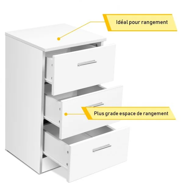 Table de Chevet à 3 Tiroirs de Rangement Caisson de Rangement Support d’Imprimante en MDF, 35x38x67cm, Blanc