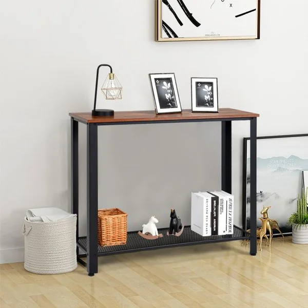 Table de Console Table d’Appoint à 2 Niveaux de Rangement 4 Pieds Réglables en Bois et Métal 102x35x80cm Noir