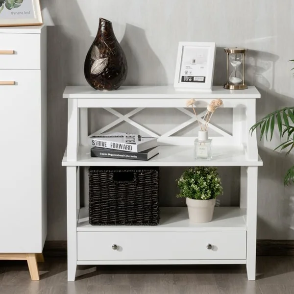 Table de Console à 2 Niveaux Stable&Robuste avec 1 Tiroir 37 x 75 x 80 cm de Grande Capacité de Rangement Blanc
