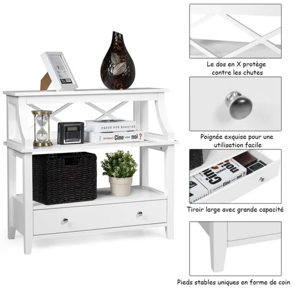 Table de Console à 2 Niveaux Stable&Robuste avec 1 Tiroir 37 x 75 x 80 cm de Grande Capacité de Rangement Blanc