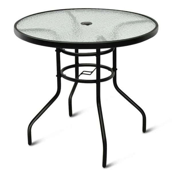 Table de Jardin Ronde Plateau en Verre Trempé avec Trou de Parasol 4 Cm Capacité 80 Kg en Métal 80x80x72cm Noir
