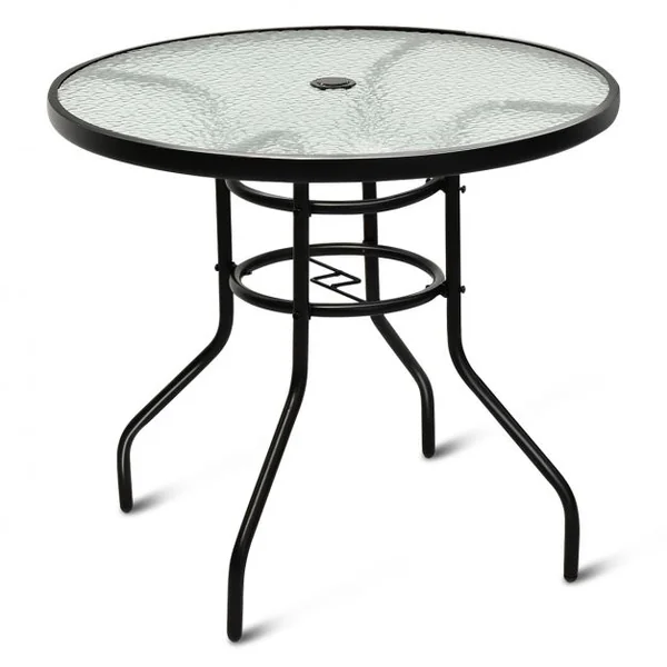 Table de Jardin Ronde Plateau en Verre Trempé avec Trou de Parasol 4 Cm Capacité 80 Kg en Métal 80x80x72cm Noir