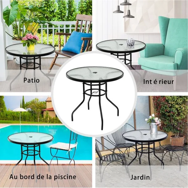 Table de Jardin Ronde Plateau en Verre Trempé avec Trou de Parasol 4 Cm Capacité 80 Kg en Métal 80x80x72cm Noir