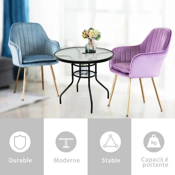 Table de Jardin Ronde Plateau en Verre Trempé avec Trou de Parasol 4 Cm Capacité 80 Kg en Métal 80x80x72cm Noir