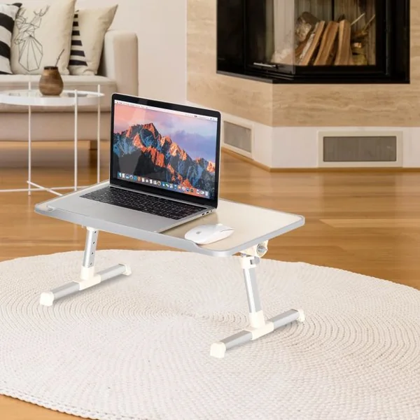Table de lit pliable et portable Plateau de lit avec Câble USB Réglable à 30° 52x30x23,5-31,5cm Blanc argenté