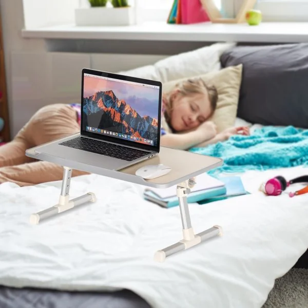 Table de lit pliable et portable Plateau de lit avec Câble USB Réglable à 30° 52x30x23,5-31,5cm Blanc argenté