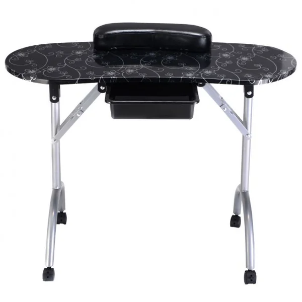 Table de manucure pliante portable pour ongles cosmétique avec roulettes tiroir coussin et housse, 90 x 37 x 68 cm, Noir