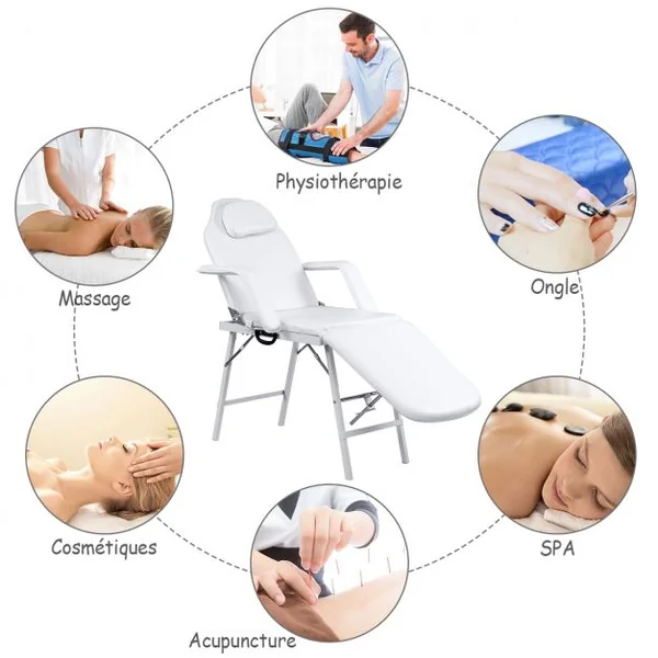 Table de massage pliante 3 zones Lit de massage pour cosmétique Appuie-tête Accoudoirs Portable 182x77,5x68cm Blanc