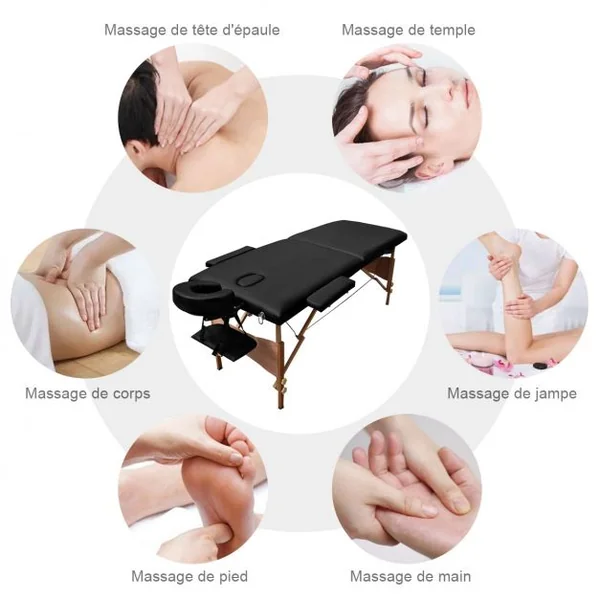 Table de massage pliante professionnel Lit de massage ergonomique, Portable, avec accessoires, 184x69x58.5-87.5cm, Noir