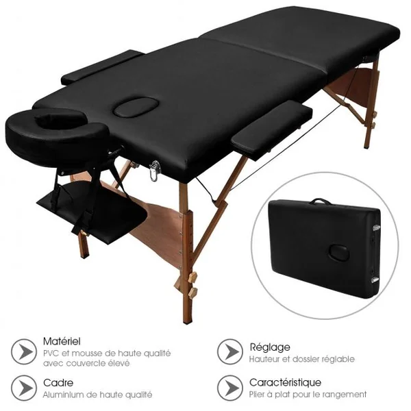 Table de massage pliante professionnel Lit de massage ergonomique, Portable, avec accessoires, 184x69x58.5-87.5cm, Noir