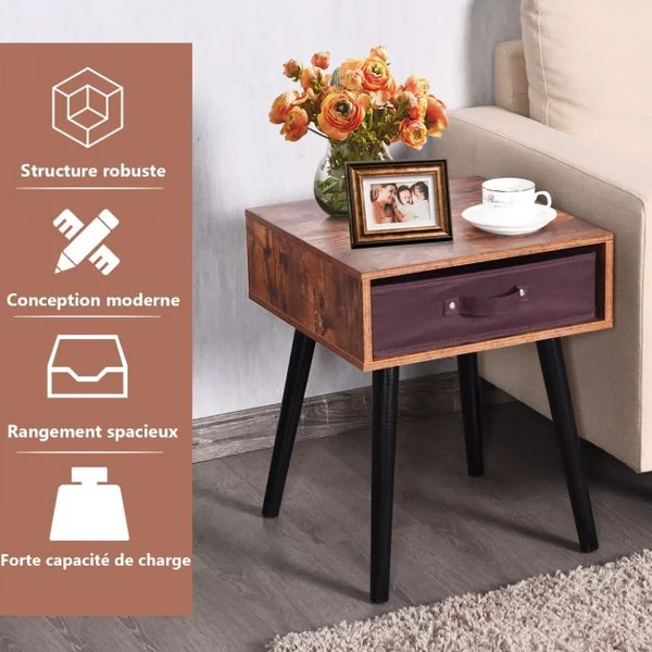 Table de Nuit Table de Chevet avec un Tiroir en Tissu Amovible Marron Rustique
