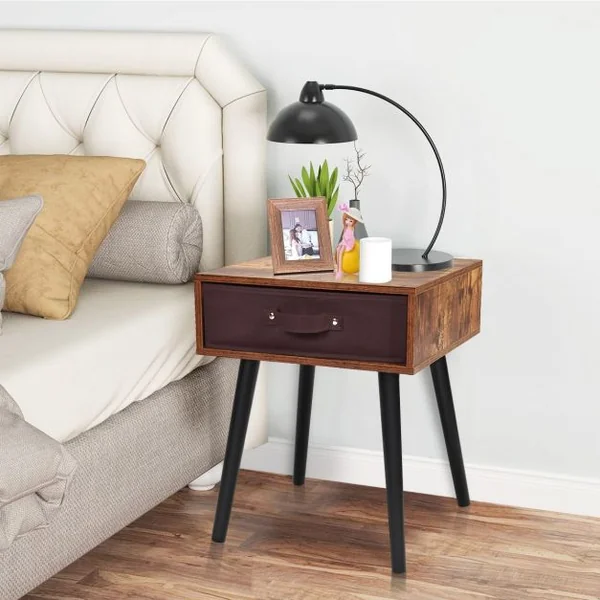 Table de Nuit Table de Chevet avec un Tiroir en Tissu Amovible Marron Rustique