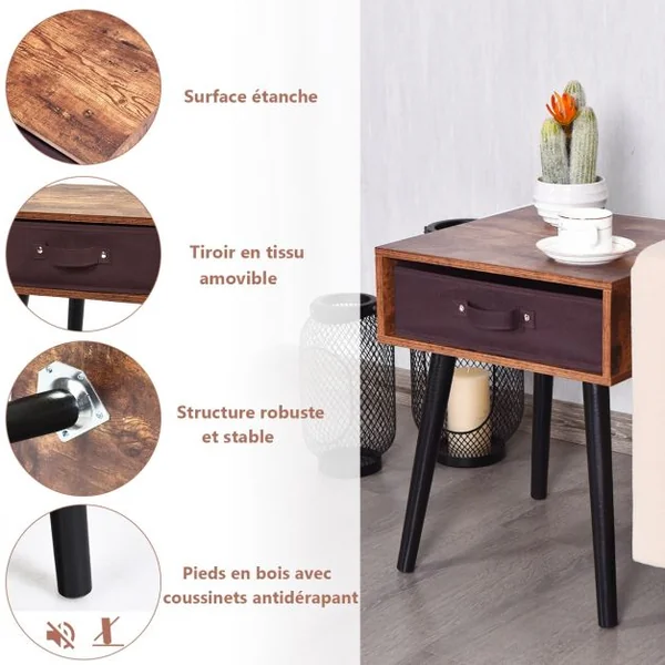 Table de Nuit Table de Chevet avec un Tiroir en Tissu Amovible Marron Rustique