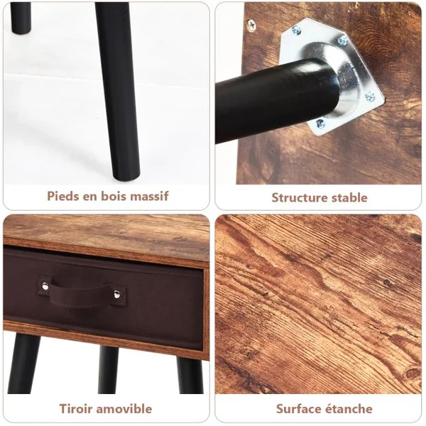 Table de Nuit Table de Chevet avec un Tiroir en Tissu Amovible Marron Rustique