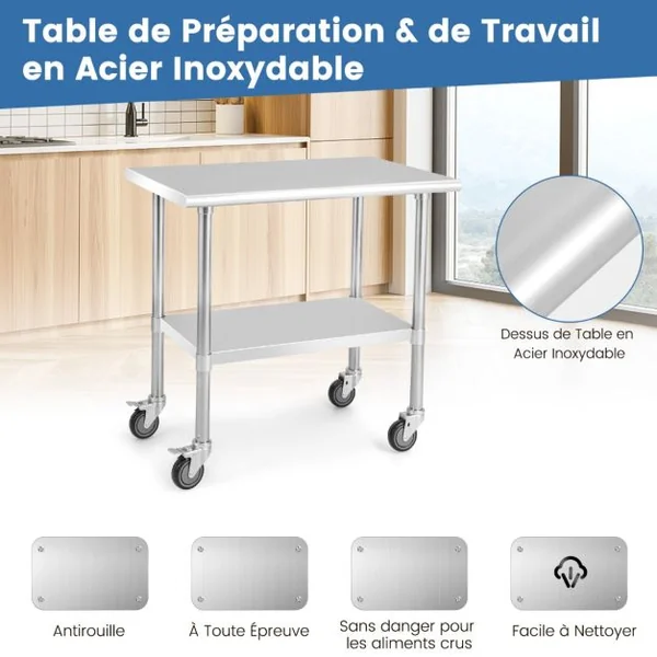 Table de Préparation à Roulettes Desserte de Cuisine 2 Niveaux en Acier Inox&Acier Galvanisé 915x61x885cm Argenté