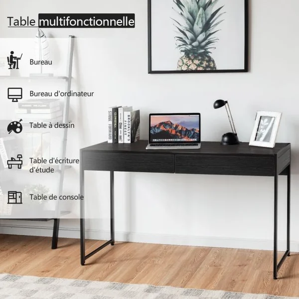 Table d'Ordinateur en Bois et Acier avec 2 Tiroirs 112x48x76CM Design Rétro Poste de Travail Noir