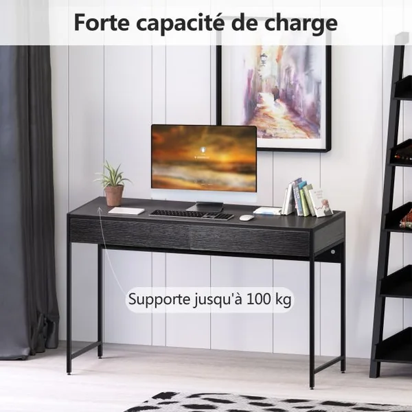 Table d'Ordinateur en Bois et Acier avec 2 Tiroirs 112x48x76CM Design Rétro Poste de Travail Noir