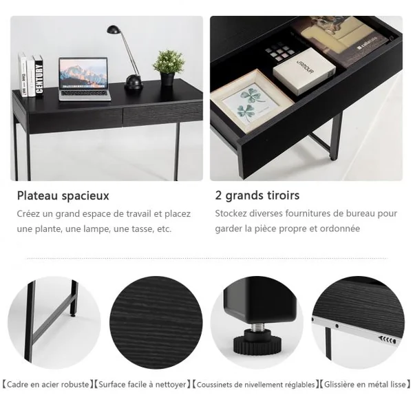 Table d'Ordinateur en Bois et Acier avec 2 Tiroirs 112x48x76CM Design Rétro Poste de Travail Noir