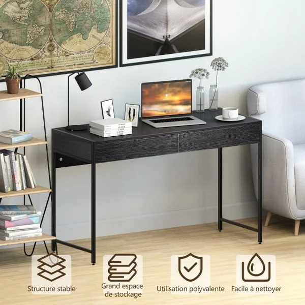 Table d'Ordinateur en Bois et Acier avec 2 Tiroirs 112x48x76CM Design Rétro Poste de Travail Noir
