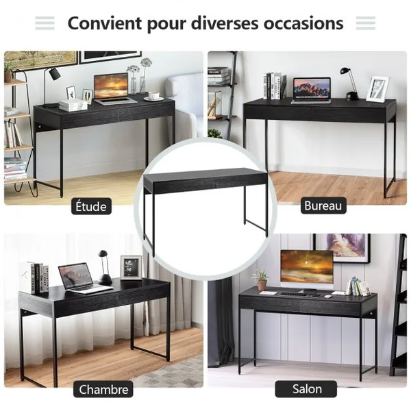 Table d'Ordinateur en Bois et Acier avec 2 Tiroirs 112x48x76CM Design Rétro Poste de Travail Noir