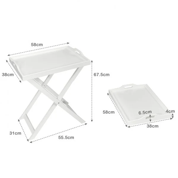 Table Pliante avec Plateau Amovible pour Chambre Salon Balcon Style Contemporain en MDF, 58x38x67,5cm, Blanc