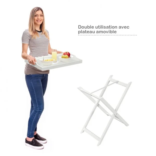 Table Pliante avec Plateau Amovible pour Chambre Salon Balcon Style Contemporain en MDF, 58x38x67,5cm, Blanc