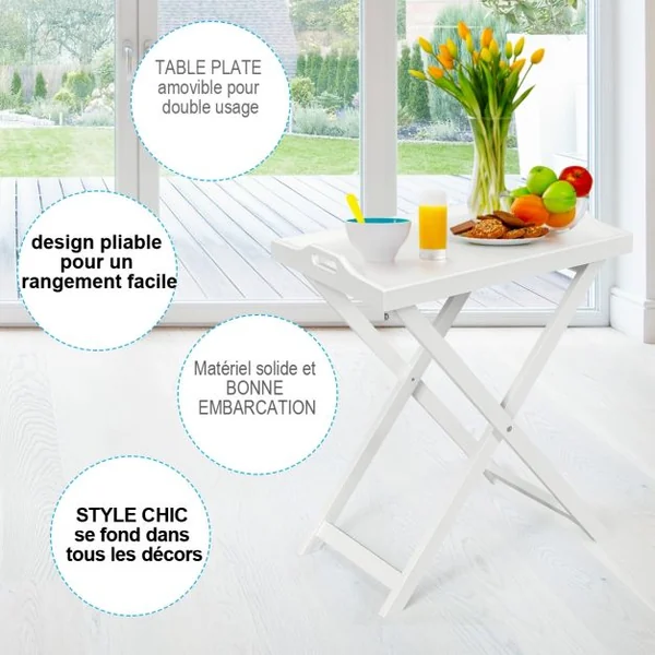 Table Pliante avec Plateau Amovible pour Chambre Salon Balcon Style Contemporain en MDF, 58x38x67,5cm, Blanc