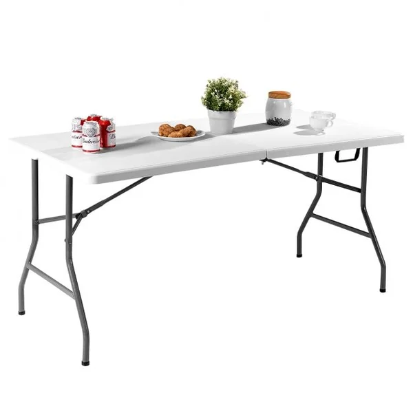 Table Pliante de Camping Table Pliable pour Pique-nique Table Extérieure en Acier HDPE, 153x74x74cm, Blanc