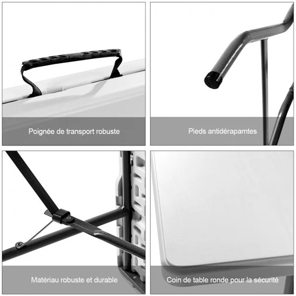 Table Pliante de Camping Table Pliable pour Pique-nique Table Extérieure en Acier HDPE, 153x74x74cm, Blanc
