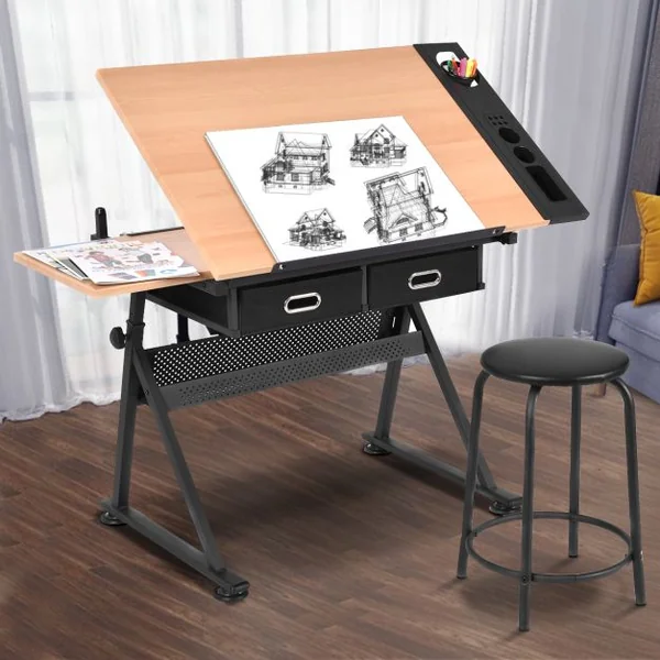 Table à dessin inclinable, Tabouret, 2 Tiroirs, Hauteur Réglable, Multifonctionnel, en MDF métal PVC, 115x60x65/90.5cm