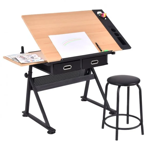 Table à dessin inclinable, Tabouret, 2 Tiroirs, Hauteur Réglable, Multifonctionnel, en MDF métal PVC, 115x60x65/90.5cm