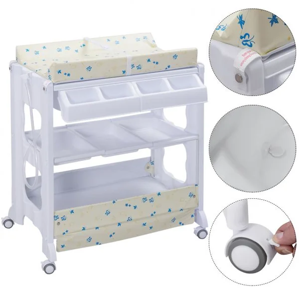Table à Langer avec Baignoire à Roullette Commode Matelas à Langer et Rangement 85 x 64 x 92 cm Blanc