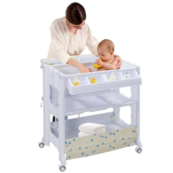 Table à Langer avec Baignoire à Roullette Commode Matelas à Langer et Rangement 85 x 64 x 92 cm Blanc