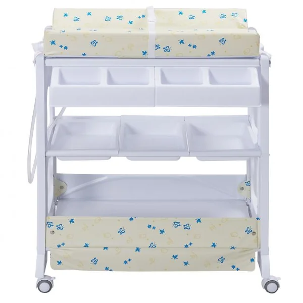 Table à Langer avec Baignoire à Roullette Commode Matelas à Langer et Rangement 85 x 64 x 92 cm Blanc