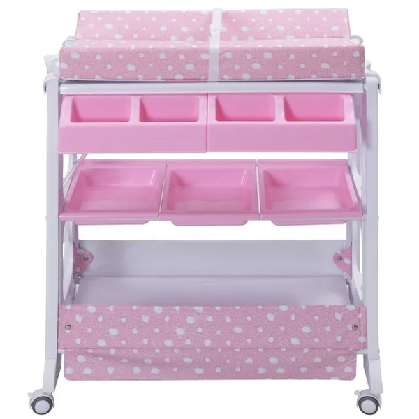 Table à Langer avec Baignoire à Roullette Commode Matelas à Langer et Rangement 85 x 64 x 92 cm Rose
