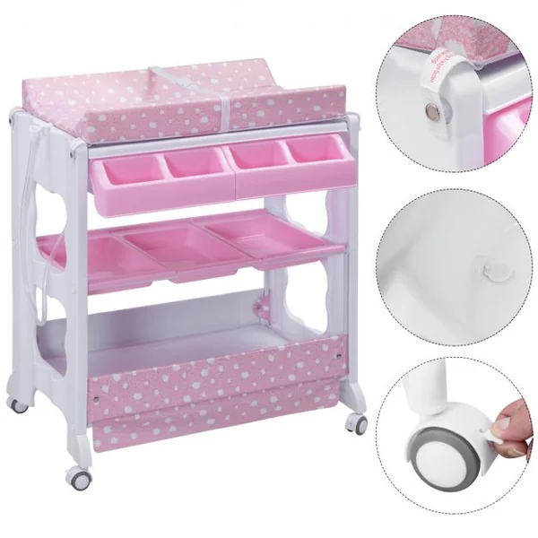 Table à Langer avec Baignoire à Roullette Commode Matelas à Langer et Rangement 85 x 64 x 92 cm Rose
