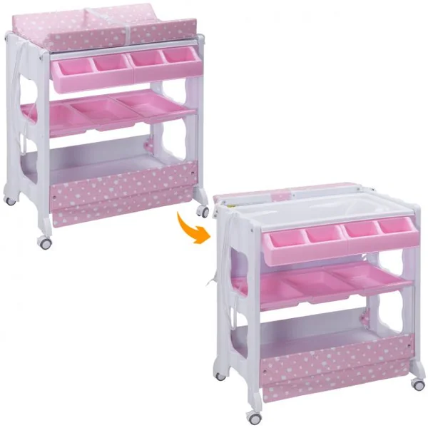 Table à Langer avec Baignoire à Roullette Commode Matelas à Langer et Rangement 85 x 64 x 92 cm Rose